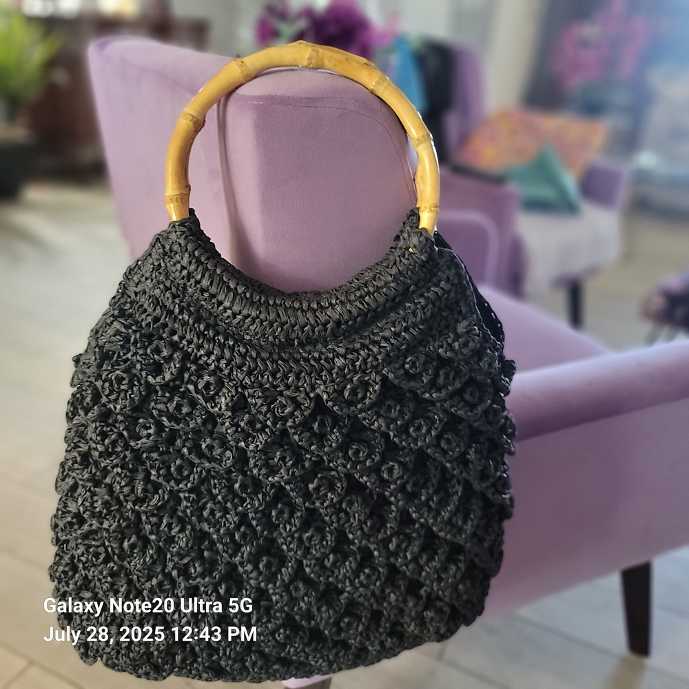 Chic Black Crochet Hobo Bag with Bamboo Handle